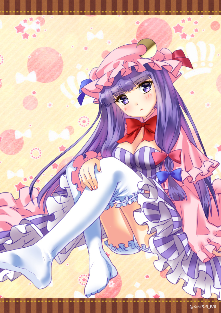 blush bow bowtie date_pun female hat highres long_hair looking_at_viewer nice_knee_socks_day number_pun over-kneehighs patchouli_knowledge purple_eyes purple_hair sato-pon skirt solo thighhighs thighs touhou white_thighhighs zettai_ryouiki