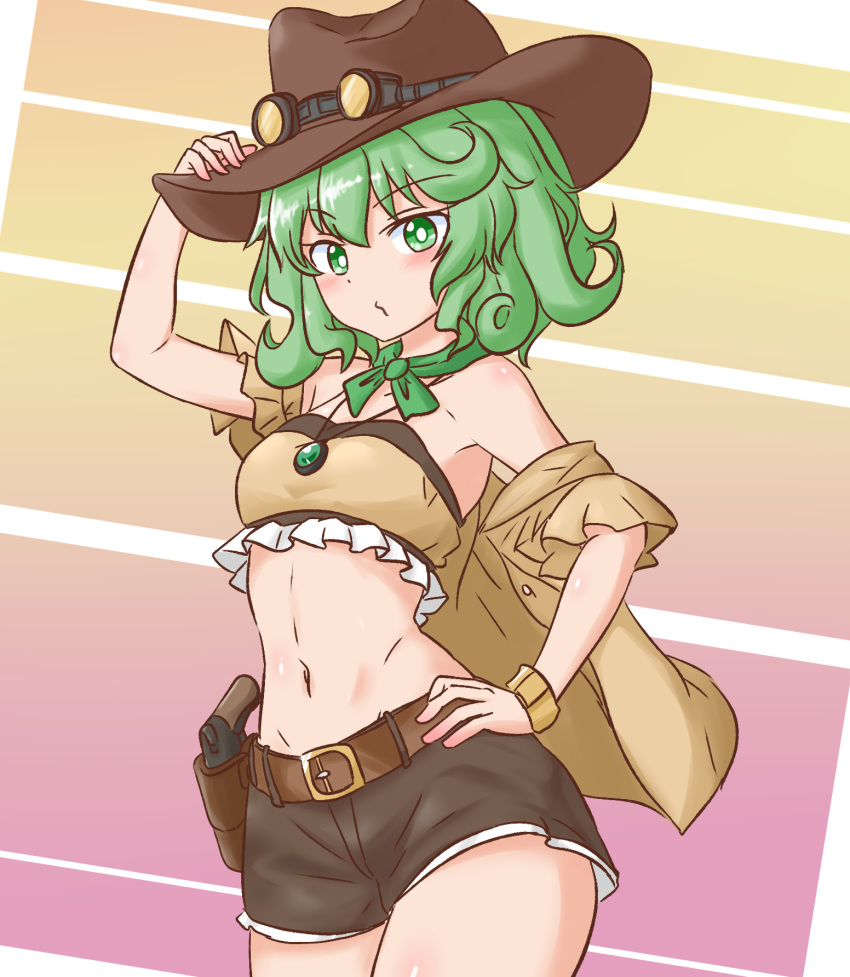 alternate_costume black_shorts bright_pupils brown_hat brown_jacket closed_mouth commentary_request commission cowboy_hat cowboy_shot cowboy_western crop_top eyewear_on_headwear female gradient_background green_eyes green_hair gun hand_on_headwear hat highres jacket looking_at_viewer midriff mizusoba multicolored_background navel short_hair shorts skeb_commission solo standing touhou weapon white_pupils yamashiro_takane