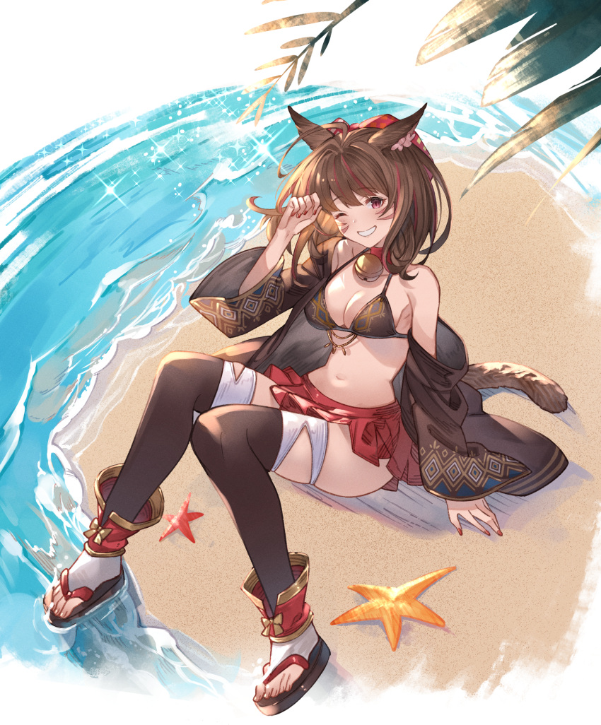 ahoge animal_ear_fluff animal_ears ayacho beach bell bikini bikini_top_only black_bikini breasts brown_hair cat_ears cat_tail cleavage commission facial_mark female final_fantasy final_fantasy_xiv grin highres jingle_bell looking_at_viewer medium_breasts microskirt miqo'te multicolored_hair nail_polish navel neck_bell ocean one_eye_closed outdoors pleated_skirt red_eyes red_hair red_nails sitting skeb_commission skirt smile solo starfish streaked_hair swimsuit tail thighhighs two-tone_hair warrior_of_light_(ff14) whisker_markings wide_sleeves