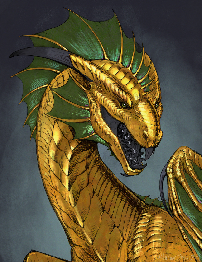 black_horn claws dragon european_mythology fangs female feral gold_dragon golden_body green_membrane hi_res horn membrane_(anatomy) mythological_creature mythological_scalie mythology open_mouth portrait scales scalie sima_owl solo teeth western_dragon