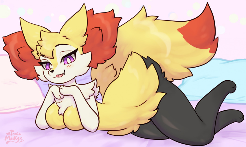 anthro biped black_body blush braixen breasts featureless_breasts female fur generation_6_pokemon hi_res nintendo open_mouth open_smile orange_body orange_fur pokemon pokemon_(species) purple_eyes smile solo toxicmilkyx white_body white_fur yellow_body yellow_fur