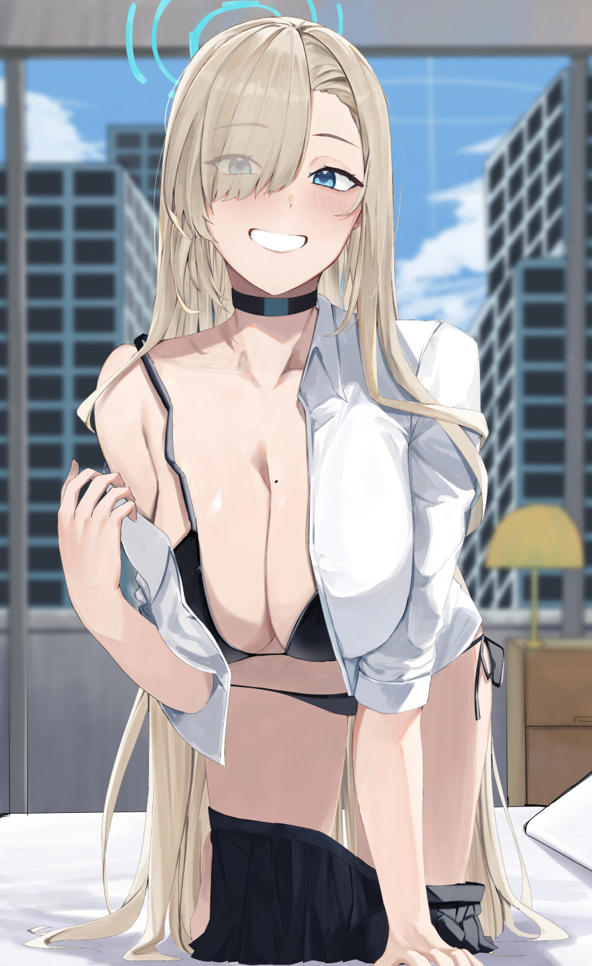 absurdres asuna_(blue_archive) bedroom bikini black_bikini black_skirt blonde_hair blue_archive blue_eyes breasts cleavage clothes_pull commentary day eyes_visible_through_hair female grin hair_over_one_eye halo highres indoors large_breasts long_hair miniskirt mole mole_on_breast off_shoulder ref_(pmxt4483) school_uniform shirt single_bare_shoulder skirt skirt_pull smile solo straight_hair swimsuit thighs undressing very_long_hair white_shirt window