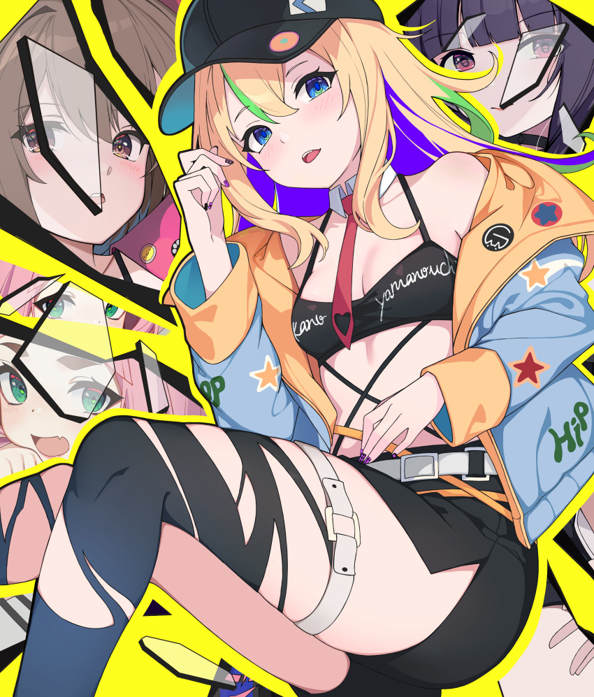 4girls absurdres aze_not_bald belt black_baseball_cap black_choker black_hair black_nails black_skirt black_thighhighs blonde_hair blue_jacket blunt_bangs blush breasts brown_hair character_name choker cleavage closed_mouth colored_inner_hair commentary green_eyes green_hair highres jacket kouzuki_mahiru long_hair long_sleeves medium_breasts midriff multicolored_hair multicolored_nails multiple_girls nail_polish necktie oerba_yun_fang open_clothes open_jacket open_mouth pink_hair purple_hair purple_nails red_eyes red_necktie short_hair sidelocks skin_fang skirt streaked_hair takanashi_kim_anouk_mei teeth thigh_strap thighhighs torn_clothes torn_thighhighs upper_teeth_only watase_kiui white_belt yamanouchi_kano yellow_background yoru_no_kurage_wa_oyogenai