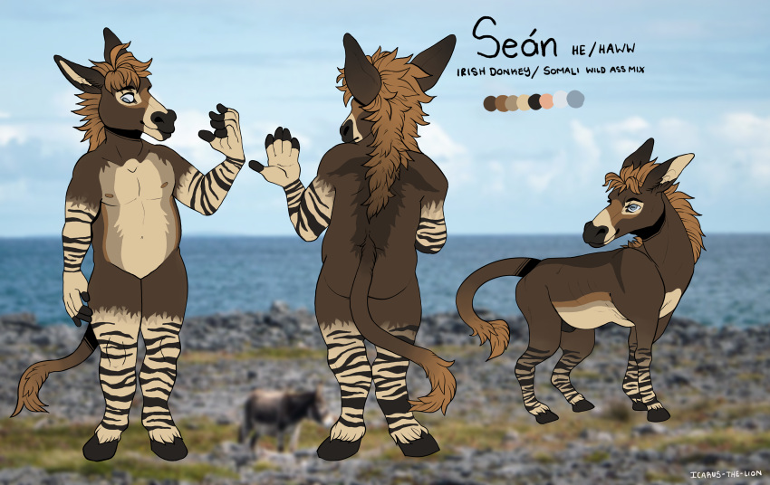 absurd_res anthro asinus donkey english_text equid equine feral hi_res hooves icarus_the_lion male mammal mane model_sheet nude null sean_(kofichee) solo text