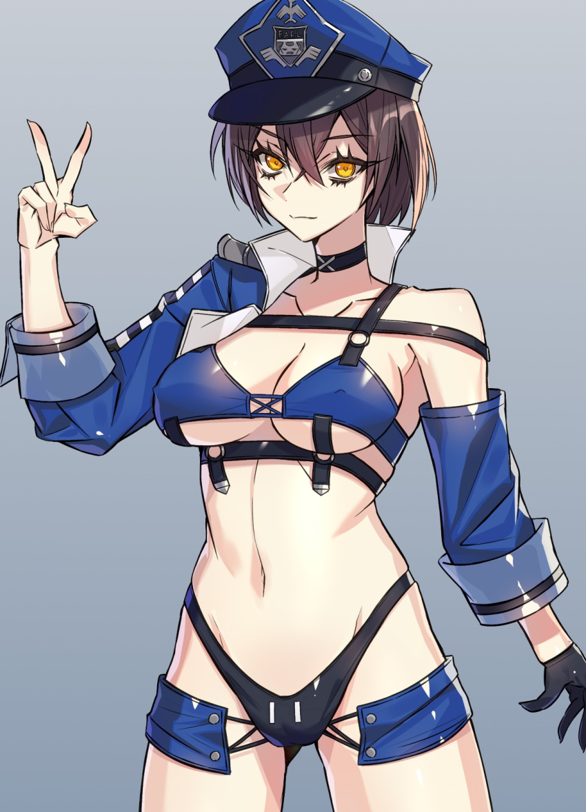 azur_lane baltimore_(azur_lane) baltimore_(finish_line_flagbearer)_(azur_lane) bikini black_bikini black_choker black_gloves blue_bikini blue_hat blue_jacket blue_shorts blue_sleeves breasts brown_hair chest_harness choker cleavage closed_mouth collarbone commentary cowboy_shot cropped_jacket crossed_bangs detached_sleeves female gloves grey_background groin hair_between_eyes hand_up harness hat highleg highleg_bikini highres jacket looking_at_viewer medium_breasts micro_shorts mismatched_bikini navel official_alternate_costume ouka_(sakura_oinari) peaked_cap race_queen short_hair shorts sidelocks simple_background single_bare_shoulder single_detached_sleeve single_sleeve skindentation solo standing stomach swimsuit v yellow_eyes