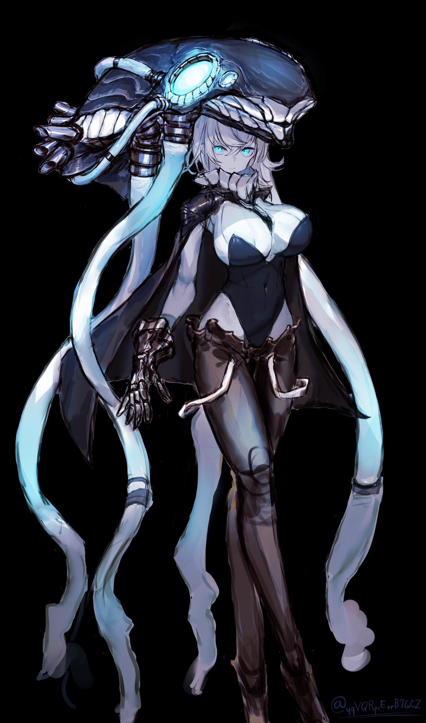 abyssal_ship aqua_eyes black_background black_cape black_hat black_leotard breasts cape closed_mouth colored_skin covered_navel crossed_legs female glowing hair_between_eyes hat highres kantai_collection kasanomaya large_breasts leotard looking_at_viewer short_hair solo tentacle watson_cross white_hair white_skin wo-class_aircraft_carrier