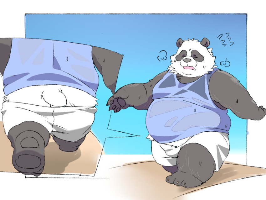 2024 4:3 anthro ass bear belly big_belly black_body black_nose bodily_fluids bottomwear closed_eyes clothing giant_panda hi_res inunoshippo kemono male mammal overweight overweight_male shirt shorts solo sweat tired topwear walking white_body