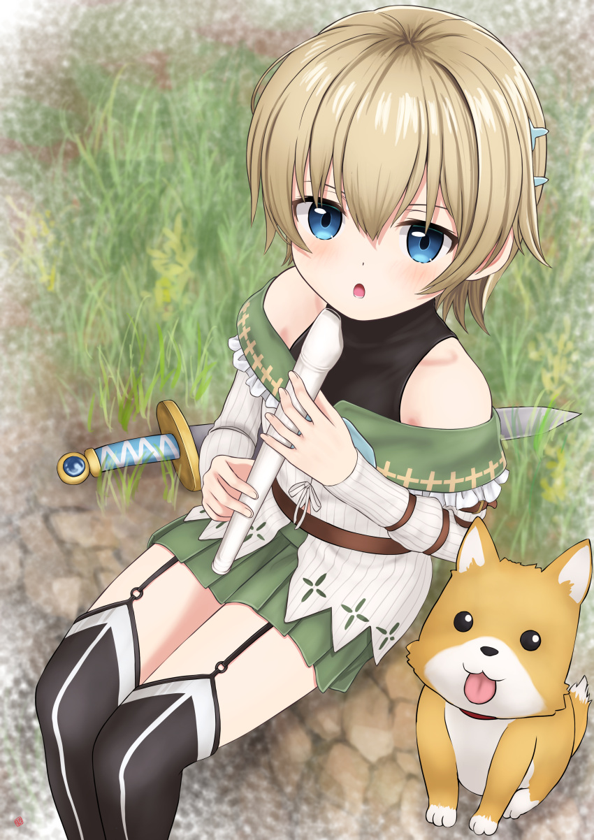 absurdres animal belt blonde_hair blue_eyes canine commission female flute gakkou_gurashi! garter_straps grass highres holding holding_flute holding_instrument instrument kirara_fantasia long_sleeves looking_at_viewer nao_suke naoki_miki off-shoulder_shirt off_shoulder open_mouth outdoors pleated_skirt recorder shirt short_hair sitting skeb_commission skirt sleeveless sleeveless_turtleneck solo sword taroumaru_(gakkou_gurashi) thighhighs turtleneck weapon