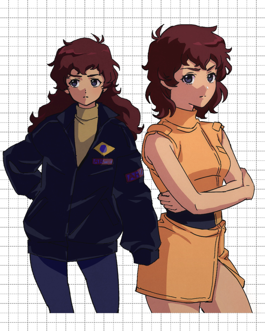 amuro_ray blue_eyes brown_hair char's_counterattack dress earth_federation earth_federation_space_forces female genderswap_(mtf) gundam highres jacket long_hair looking_at_viewer retro_artstyle rule_63 short_hair yy0880yy zeta_gundam