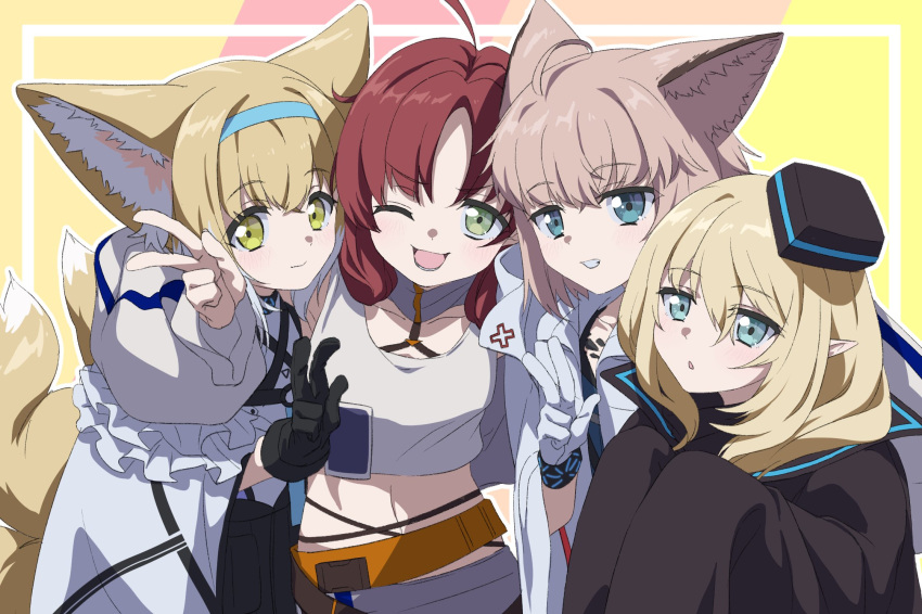 4girls ;d ahoge animal_ears arknights arm_around_neck black_hat black_jacket blonde_hair blue_dress blue_eyes blue_hairband breasts closed_mouth commentary crop_top dress durin_(arknights) fox_ears fox_girl fox_tail green_eyes grey_jacket grey_tank_top grin groin hair_between_eyes hairband hand_up hat highres jacket kitsune long_sleeves midriff mini_hat minowa_sukyaru multiple_girls myrtle_(arknights) navel one_eye_closed open_clothes open_jacket outline parted_bangs parted_lips pointy_ears puffy_long_sleeves puffy_sleeves shirt sleeves_past_fingers sleeves_past_wrists small_breasts smile sussurro_(arknights) suzuran_(arknights) symbol-only_commentary tail tank_top tilted_headwear v white_jacket white_outline white_shirt