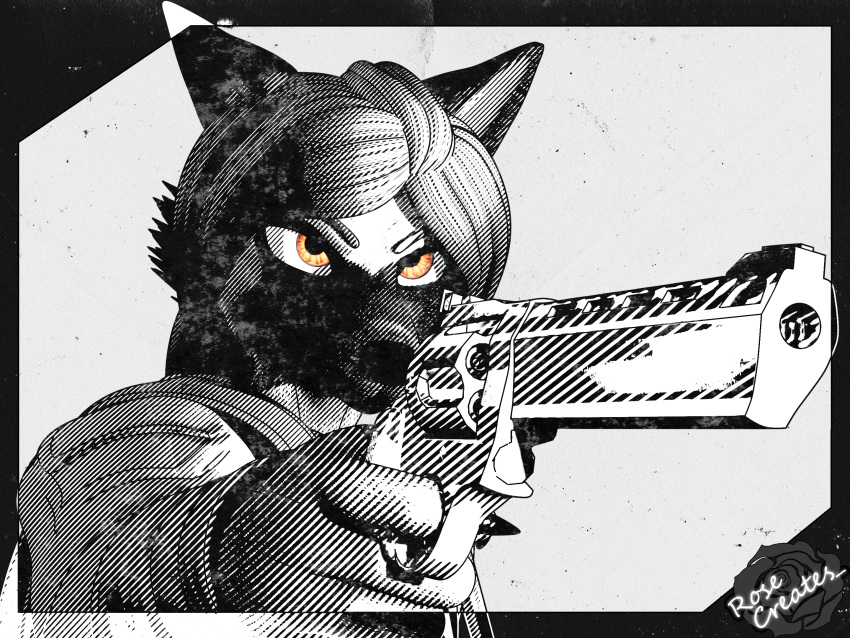 3d_(artwork) 4:3 anthro biped blender_(artwork) canid canine canis clothed clothing digital_media_(artwork) domestic_dog female german_shepherd gun hair handgun herding_dog hi_res holding_gun holding_object holding_ranged_weapon holding_weapon leslie_rochester(rosecreates) looking_at_viewer mammal monochrome noir pastoral_dog ranged_weapon revolver rosecreates simple_background solo topwear weapon white_background