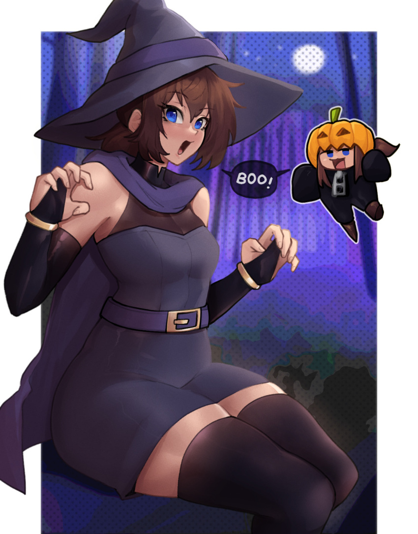 a_hat_in_time black_gloves black_thighhighs blue_eyes blush breasts brown_hair cape chibi elbow_gloves female fingerless_gloves gloves halloween hannesfkr hat hat_kid highres jack-o'-lantern looking_at_viewer open_mouth purple_cape short_hair short_ponytail sitting small_breasts smile solo thick_thighs thighhighs thighs witch_hat