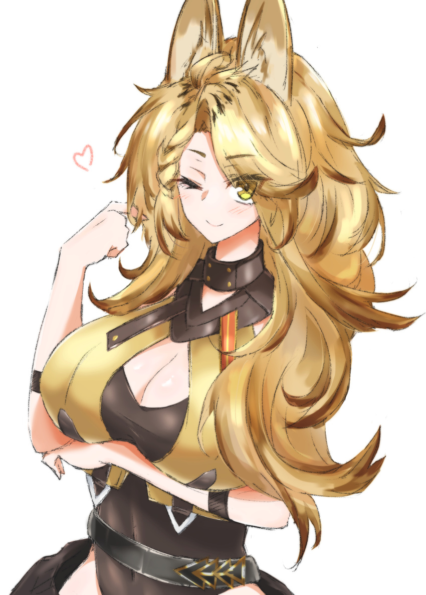 animal_ears arknights arm_under_breasts black_shirt black_skirt blonde_hair breasts cat_ears cleavage cleavage_cutout clothing_cutout covered_navel eyes_visible_through_hair female hand_up heart highres large_breasts long_hair maiq06 one_eye_closed quercus_(arknights) shirt simple_background skirt solo upper_body white_background yellow_eyes