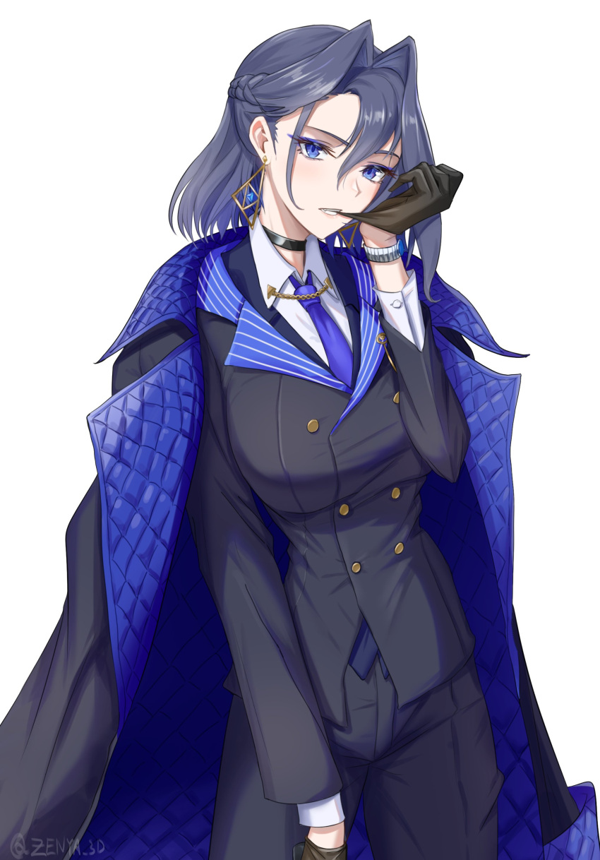 absurdres biting black_gloves black_pants blue_eyes blue_necktie breasts buttoned_cuffs buttons choker coat coat_on_shoulders collar_chain_(jewelry) earrings female formal glove_biting gloves gun handgun highres holding holding_gun holding_weapon hololive hololive_english jewelry large_breasts mafia_(vocaloid) mouth_hold necktie official_alternate_costume ouro_kronii pants revolver simple_background solo standing suit teeth teeth_hold virtual_youtuber weapon white_background zenya