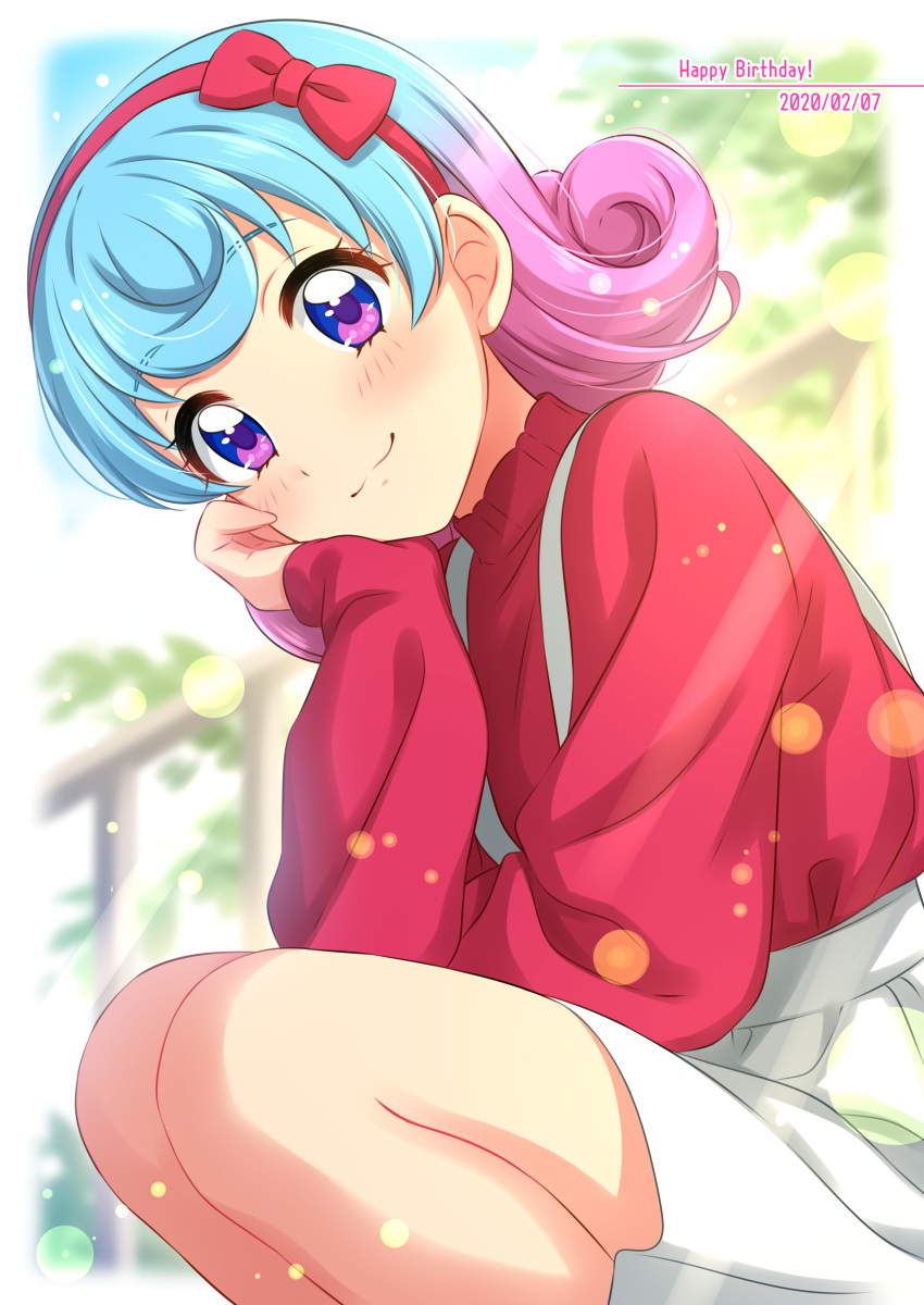 :3 absurdres aikatsu! aikatsu!_(series) blue_eyes blue_hair blurry blurry_background blush bokeh bow bow_hairband curly_hair dated depth_of_field doujima_nina english_text female hairband hairbow hand_up happy_birthday head_rest head_tilt highres long_sleeves looking_at_viewer medium_hair multicolored_eyes multicolored_hair pink_hair purple_eyes red_bow red_hairband red_sweater sekina skirt smile solo squatting suspender_skirt suspenders sweater two-tone_hair white_skirt