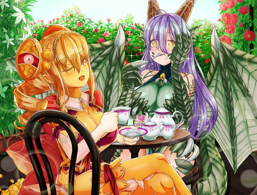 2girls ahoge blonde_hair blush breasts brown_eyes cleavage closed_mouth colored_skin commentary_request creeping_coin_(monster_girl_encyclopedia) crossed_legs cup dragon dragon_(monster_girl_encyclopedia) dragon_girl dragon_horns dragon_wings drill_hair eating elbow_gloves fork gloves hana_yamakiri highres holding holding_cup holding_fork horns large_breasts long_hair looking_at_another monster_girl monster_girl_encyclopedia multiple_girls one_eye_closed open_mouth purple_hair sitting smile table tail teacup twin_drills white_gloves wings yellow_skin