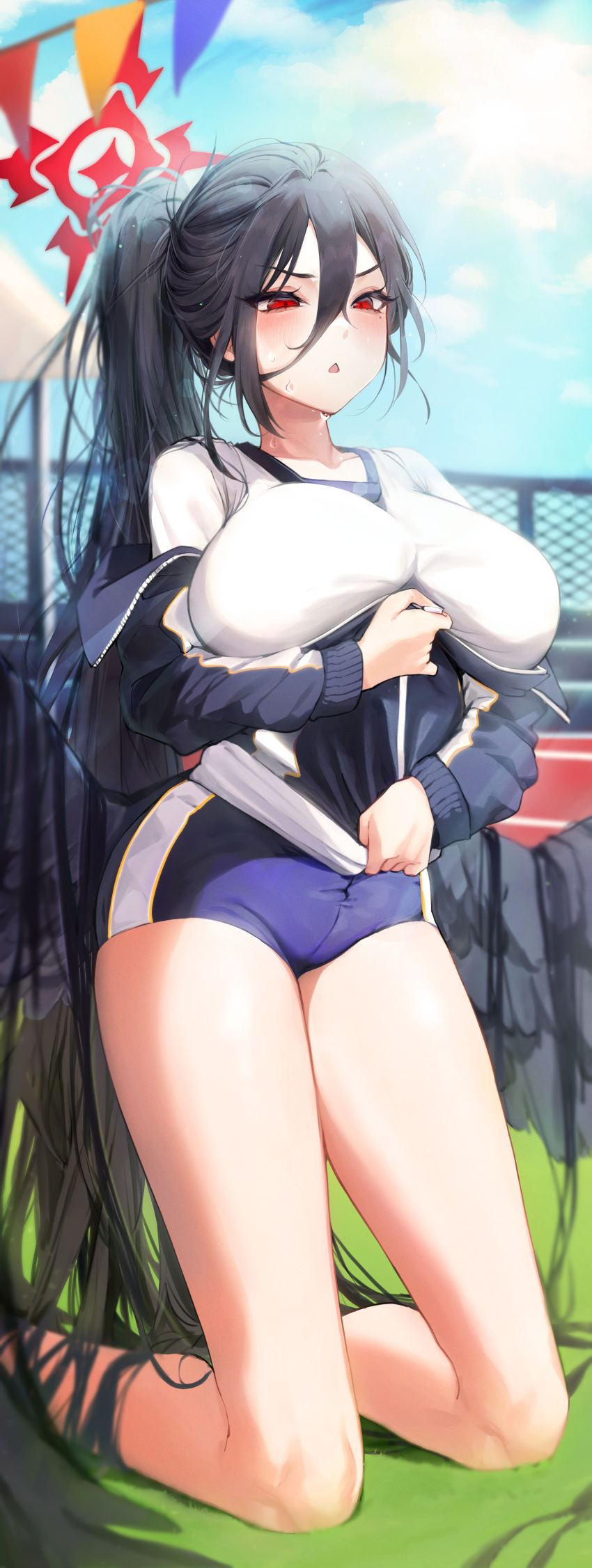 absurdres bare_legs bare_shoulders black_hair black_wings blue_archive blue_jacket blue_shorts blush breasts cheosnuni commentary_request day feathered_wings feet_out_of_frame female gym_shirt gym_shorts gym_uniform hair_between_eyes halo hasumi_(blue_archive) hasumi_(track)_(blue_archive) highres inconvenient_breasts jacket kneeling large_breasts large_wings long_hair long_sleeves looking_down low_wings md5_mismatch mole mole_under_eye off_shoulder official_alternate_costume outdoors parted_lips partially_unzipped ponytail red_eyes red_halo running_track shirt shorts solo string_of_flags sweat track_jacket undersized_clothes very_long_hair white_shirt wings zipping