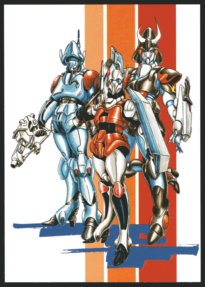 1980s_(style) 3girls arming_doublet armor army atac beam_rifle body_armor choujikuu_kidan_southern_cross commentary_request concealed_weapon derivative_work energy_gun faceplate gloves gmp helmet highres japanese_armor jeanne_francaix kabuto_(helmet) lana_isavia machinery mary_angel mecha military military_uniform multiple_girls oxygen_mask pilot pilot_suit power_suit radio_antenna retro_artstyle robot robotech scan science_fiction shadow shield shoulder_armor soldier spacesuit strap sword tasc thrusters traditional_media tube uniform weapon yui_yuasa_(yui1107)