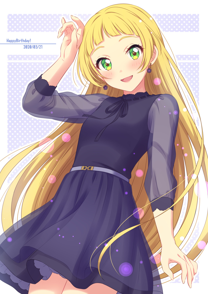 :d absurdres aikatsu!_(series) aikatsu_friends! blonde_hair blush cowboy_shot dated dress earrings english_text female flower_earrings green_eyes hand_up happy_birthday highres hinata_ema_(aikatsu_friends!) jewelry long_hair long_sleeves looking_at_viewer neck_ribbon open_mouth polka_dot polka_dot_background purple_background purple_dress ribbon see-through see-through_sleeves sekina smile solo standing very_long_hair