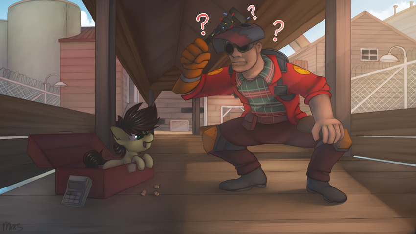 16:9 2017 absurd_res box container detailed_background duo engineer_(disambiguation) engineer_(team_fortress_2) equid equine fan_character hasbro hi_res horse human lamp male mammal marsminer my_little_pony pone_keith pony surprise team_fortress_2 valve widescreen