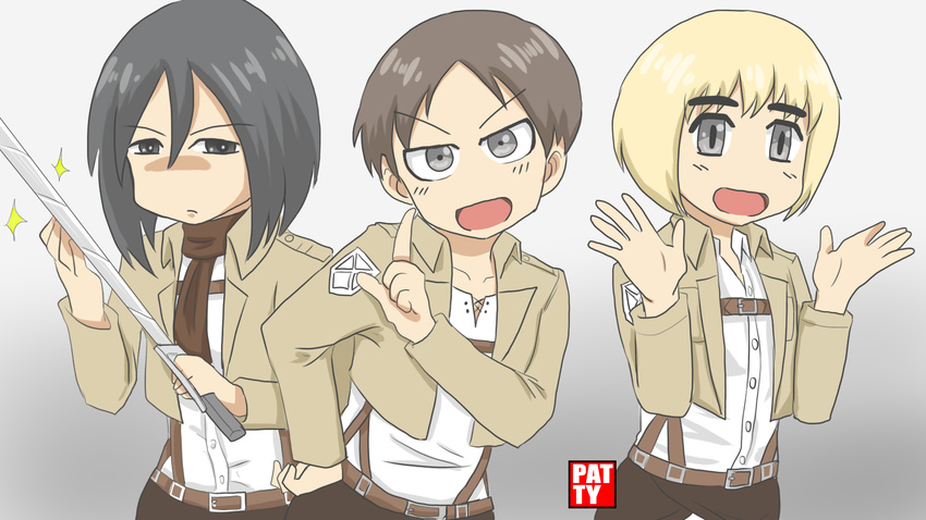 armin_arlert crossover eren_jaeger mikasa_ackerman nichijou patty shingeki_no_kyojin short_hair uniform