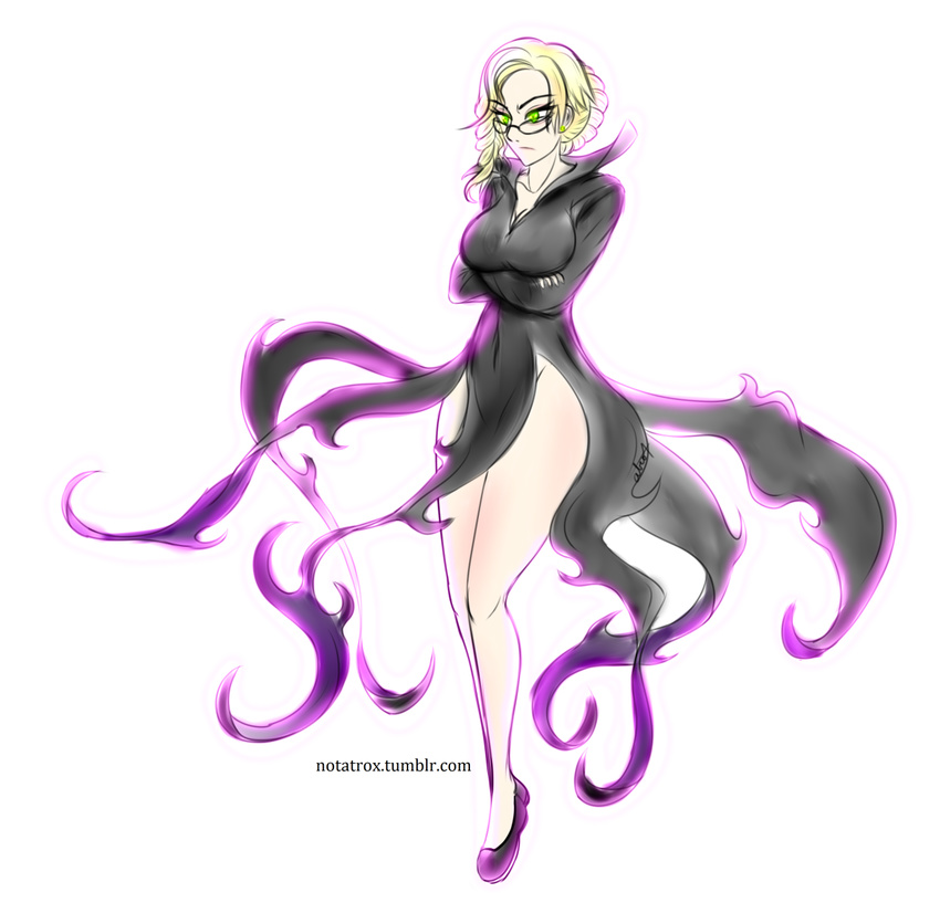 blonde_hair commentary_request cosplay female full_body glasses glynda_goodwitch green_eyes highres notatrox one-punch_man power_connection psychic rwby solo tatsumaki tatsumaki_(cosplay) watermark web_address