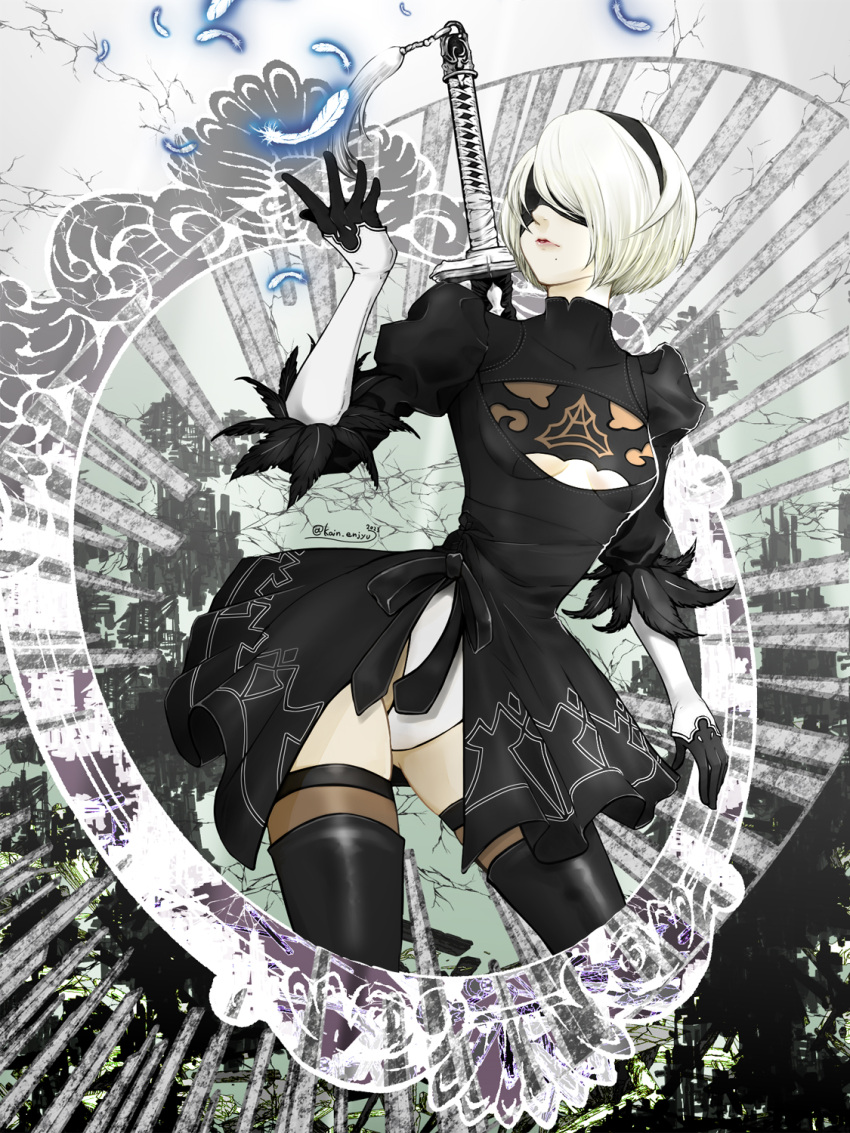 2b_(nier:automata) black_blindfold black_dress black_gloves blindfold cleavage_cutout clothing_cutout dress feathers female gloves highres kainarbell katana looking_at_object nier:automata nier_(series) reaching sheath sheathed short_hair solo sword two-tone_gloves weapon white_gloves