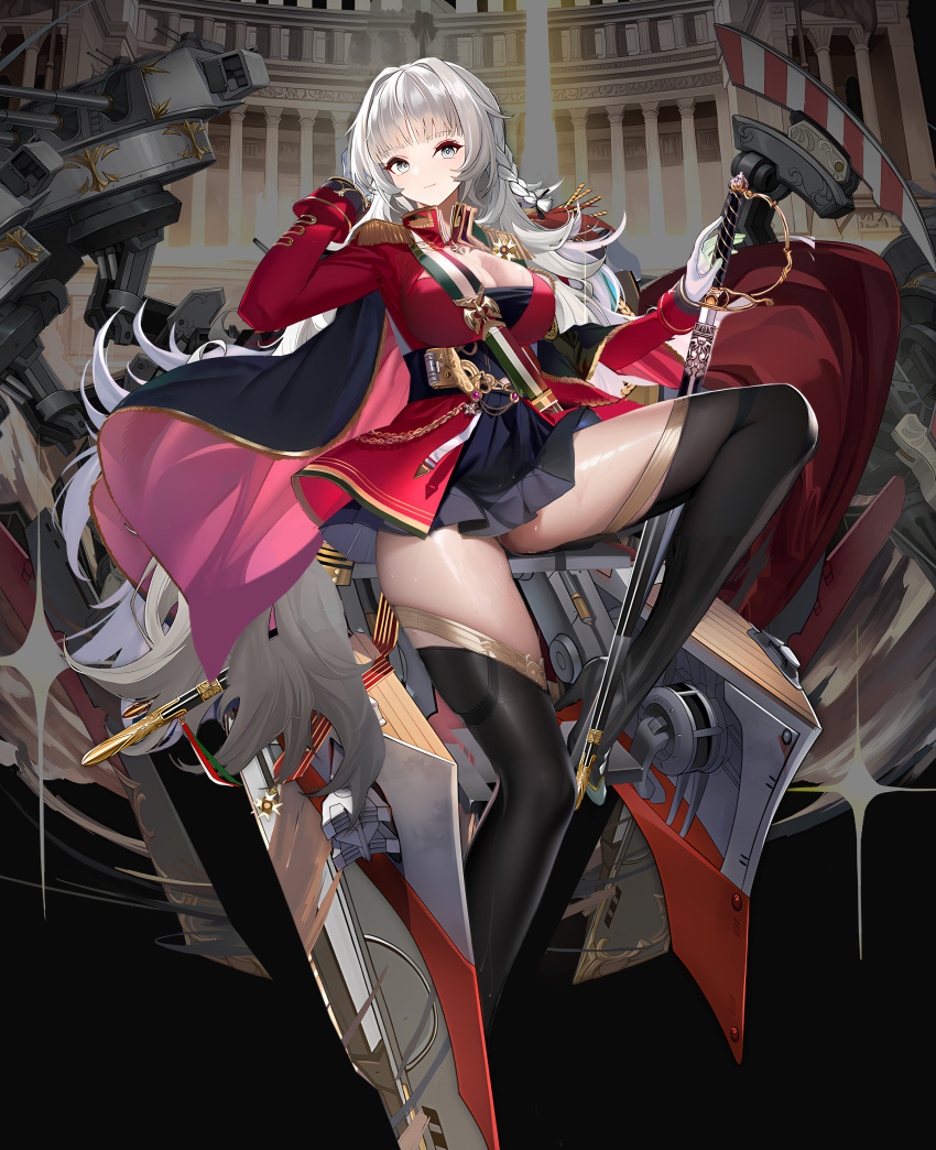 absurdres azur_lane black_skirt black_thighhighs breasts cleavage commission epaulettes female gloves gold_trim grey_eyes grey_hair highres italian_flag jacket kokanoko large_breasts long_hair long_sleeves looking_at_viewer medal miniskirt pixiv_commission pleated_skirt red_jacket rigging sheath sheathed skirt solo thighhighs very_long_hair vittorio_veneto_(azur_lane) white_gloves