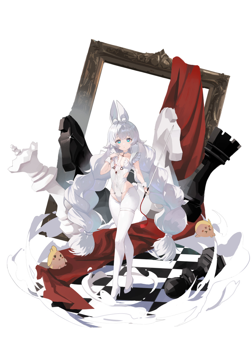 >_< +_+ 1020804792 absurdres animal_ears azur_lane braid breast_curtains checkered_floor chess_piece chinese_commentary choker covered_navel crotchless crotchless_pantyhose fake_animal_ears female full_body highres knight_(chess) le_malin_(azur_lane) le_malin_(listless_lapin)_(azur_lane) leotard long_hair looking_at_viewer low_twin_braids manjuu_(azur_lane) o-ring o-ring_choker official_alternate_costume pantyhose pawn_(chess) picture_frame playboy_bunny queen_(chess) rabbit_ears rabbit_tail rook_(chess) shoes solo tail twin_braids very_long_hair walking white_footwear white_hair white_leotard white_pantyhose wrist_cuffs