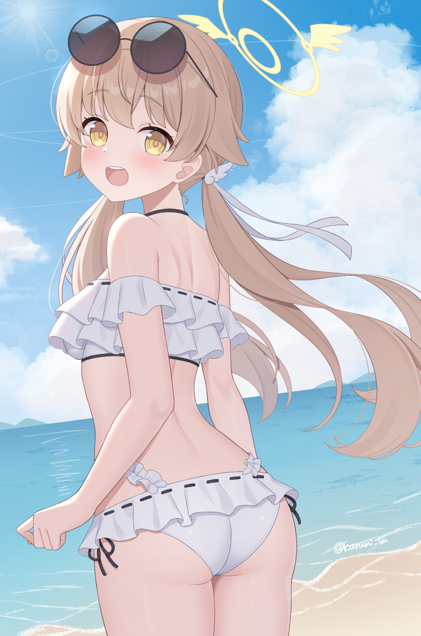 arms_at_sides ass back bare_shoulders beach bikini blue_archive blue_sky blush cloud commentary_request cowboy_shot day eyewear_on_head female frilled_bikini frills from_behind hifumi_(blue_archive) hifumi_(swimsuit)_(blue_archive) highres kurumi_lm light_brown_hair long_hair looking_at_viewer looking_back low_twintails mountainous_horizon ocean off-shoulder_bikini off_shoulder official_alternate_costume open_mouth outdoors paid_reward_available sky smile solo sunglasses sunlight swimsuit tareme twintails twitter_username water white_bikini yellow_eyes