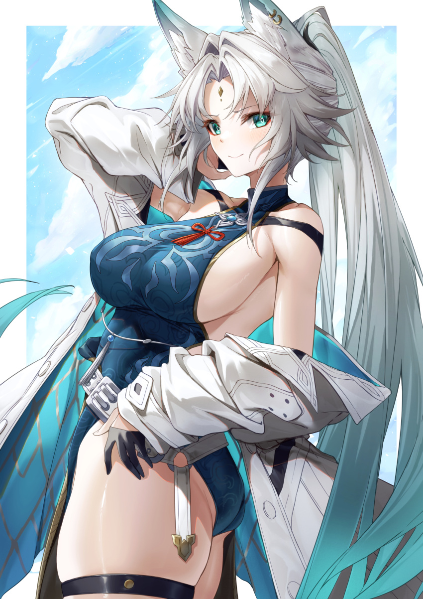 adapted_costume animal_ear_fluff animal_ears bare_shoulders black_gloves blue_leotard blush breasts closed_mouth coat commentary cowboy_shot feixiao_(honkai:_star_rail) female forehead_jewel fox_ears fox_girl from_side gloves gradient_hair green_eyes green_hair half_gloves highres honkai:_star_rail honkai_(series) large_breasts leotard long_hair looking_at_viewer multicolored_hair off_shoulder parted_bangs ponytail sideboob sidelocks smile solo standing thighs very_long_hair white_coat white_hair xfate