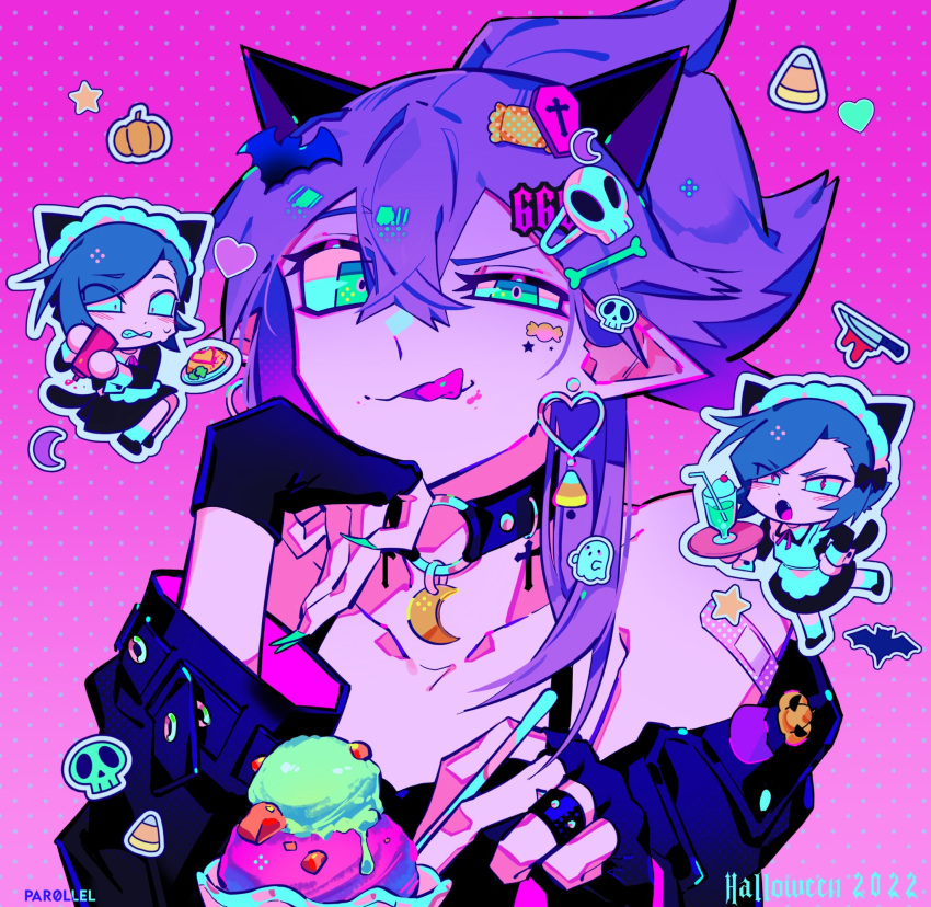 1boy animal_ears artist_name bandaid bandaid_on_arm bare_shoulders bat_hair_ornament black_choker black_gloves black_horns black_jacket black_tank_top bone_hair_ornament candy_corn candy_hair_ornament cat_ears cat_tail chibi chibi_inset choker closed_mouth collarbone commentary cross crossdressing crossed_bangs demon_girl demon_horns double-parted_bangs earrings english_commentary facial_mark female fingerless_gloves fingernails food food-themed_hair_ornament gloves green_eyes green_nails hair_behind_ear hair_ornament hairclip halftone halloween hands_up heart heart_earrings highres holding horns ice_cream jacket jacket_partially_removed jewelry ketchup_bottle long_hair long_sleeves looking_at_viewer maid maid_headdress nail_polish o-ring o-ring_choker original outline par0llel pink_background pointy_ears purple_hair ring sharp_fingernails simple_background skull_hair_ornament solo_focus star_(symbol) star_facial_mark star_sticker sticker_on_hair tail tank_top tongue tongue_out tora_(par0llel) two-sided_fabric uneven_eyes upper_body white_outline