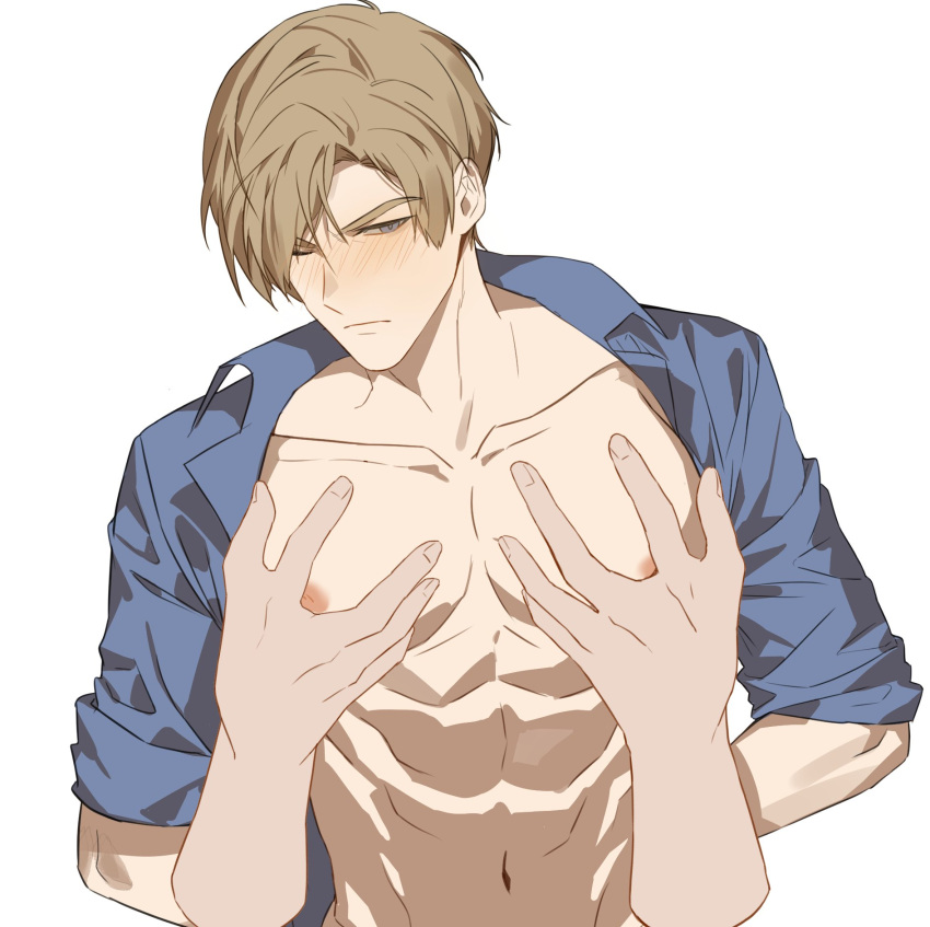 1boy abs arms_behind_back blonde_hair blue_eyes blue_shirt blush closed_mouth collarbone collared_shirt commentary disembodied_hand groin hair_over_one_eye highres jujeop leon_s._kennedy looking_to_the_side male_focus navel nipples one_eye_covered open_clothes open_shirt pectoral_grab pectorals resident_evil resident_evil_2 shirt sleeves_rolled_up solo upper_body