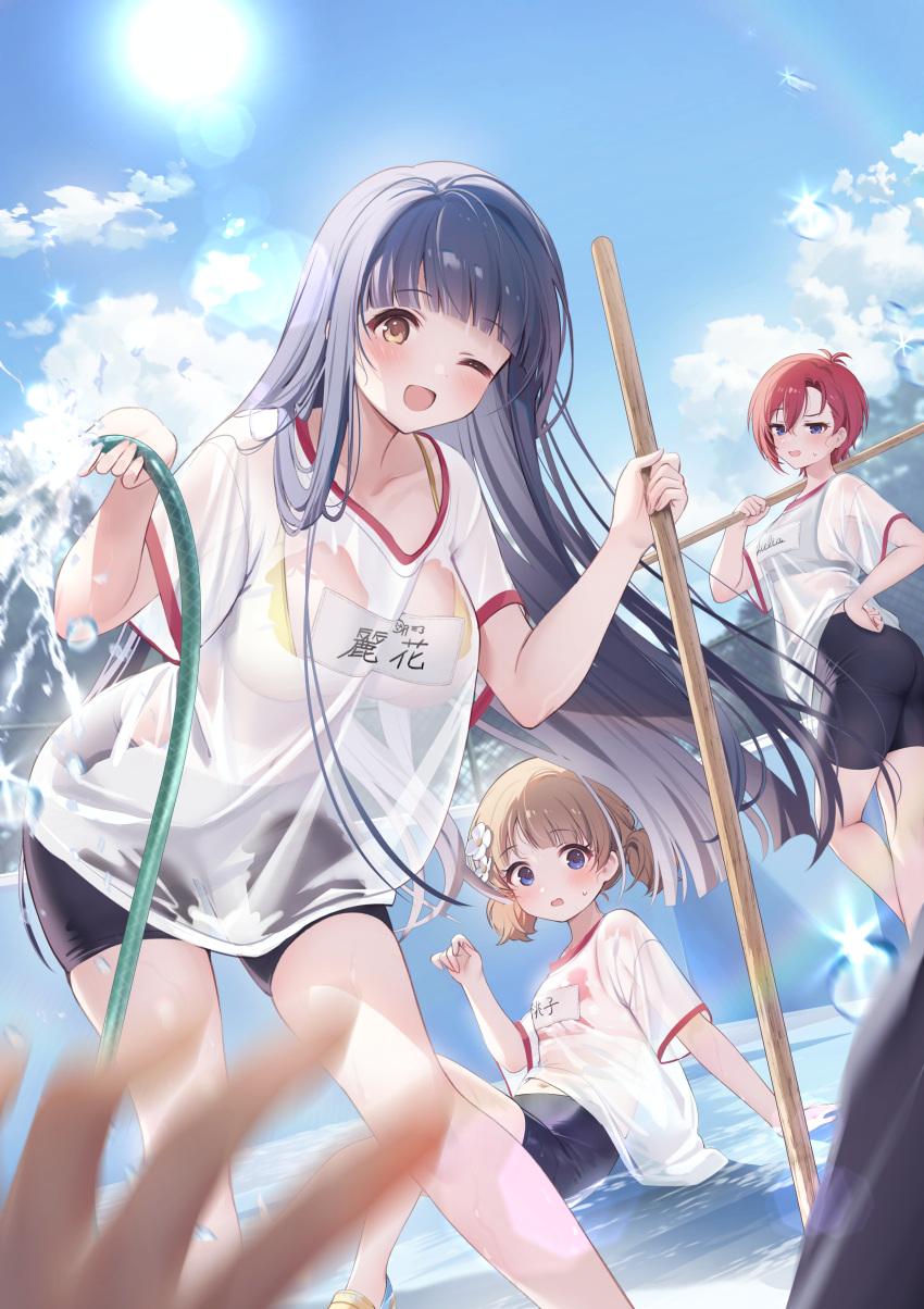 1boy 3girls absurdres bike_shorts bikini bikini_under_clothes black_pants blue_sky breasts character_name cloud cloudy_sky collarbone day highres holding holding_hose holding_mop hose idolmaster idolmaster_million_live! idolmaster_million_live!_theater_days julia_(idolmaster) kitakami_reika large_breasts medium_breasts mop multiple_girls name_tag nys official_alternate_costume official_alternate_hairstyle one_eye_closed pants pov pov_hands producer_(idolmaster) see-through see-through_shirt shirt sky small_breasts summer sun sunlight suou_momoko swimsuit water_drop wet wet_clothes wet_shirt