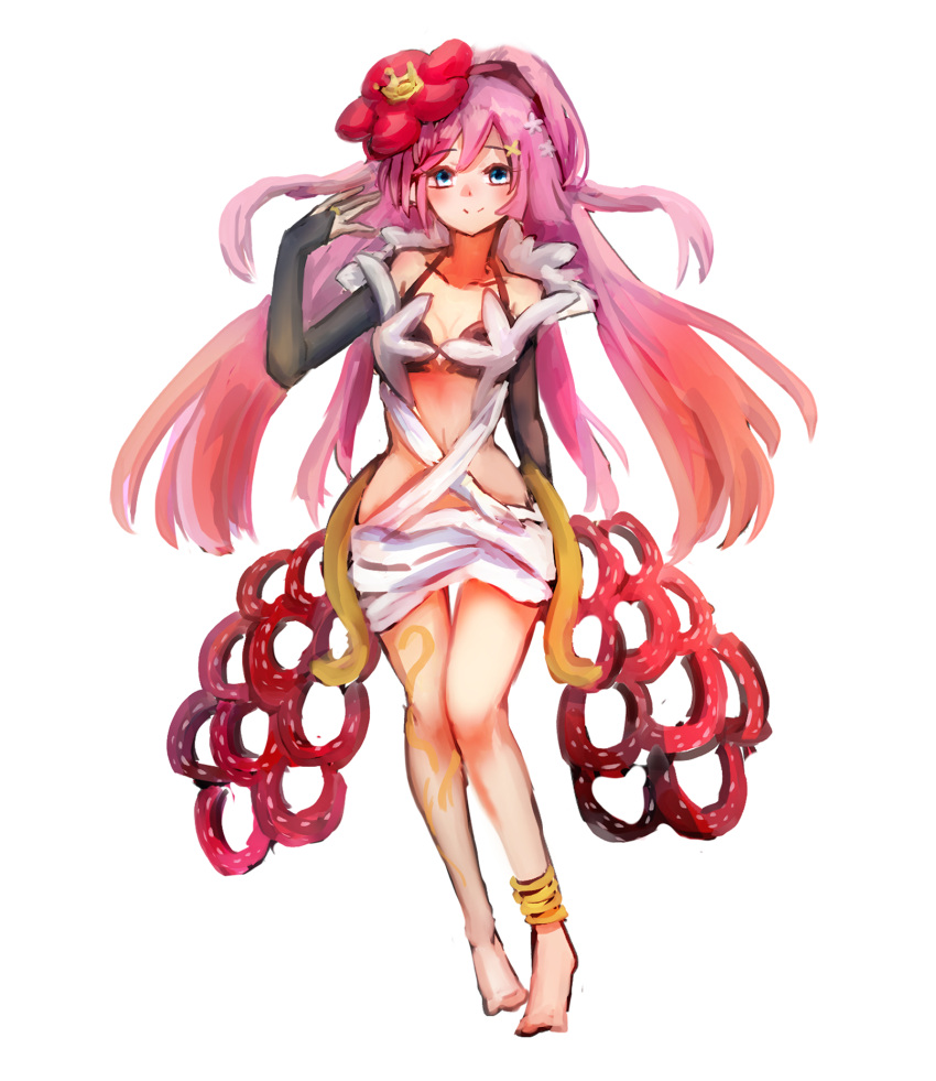 barefoot black_bra blue_eyes bra bridal_gauntlets duel_monster female flower full_body hair_flower hair_ornament hatano_kiyoshi highres looking_at_viewer midriff navel_peek pink_hair rafflesia_(flower) smile solo underwear white_background yu-gi-oh!