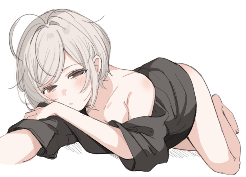 ahoge black_eyes black_shirt blush bottomless breasts cleavage closed_mouth collarbone commentary female frown grey_hair half-closed_eyes highres looking_at_viewer medium_hair original paragasu_(parags112) shirt short_sleeves simple_background solo white_background