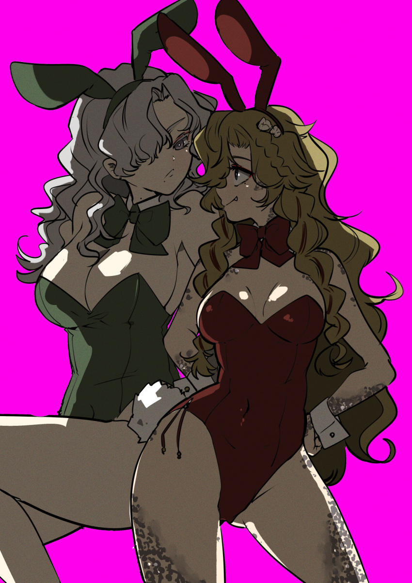 2girls :/ animal_ears backlighting bare_shoulders blonde_hair bow bowtie breasts cowboy_shot curly_hair detached_collar fake_animal_ears fang_out green_bow green_bowtie green_leotard hands_on_own_hips highres large_breasts leotard long_hair looking_at_another looking_to_the_side medium_breasts multiple_girls oerba_yun_fang pink_background playboy_bunny profile rabbit_ears red_bow red_bowtie red_eyes red_leotard reverse:1999 scales smile strapless strapless_leotard turning_head vila_(reverse:1999) white_hair white_wrist_cuffs windsong_(reverse:1999) wrist_cuffs ziyunshanding