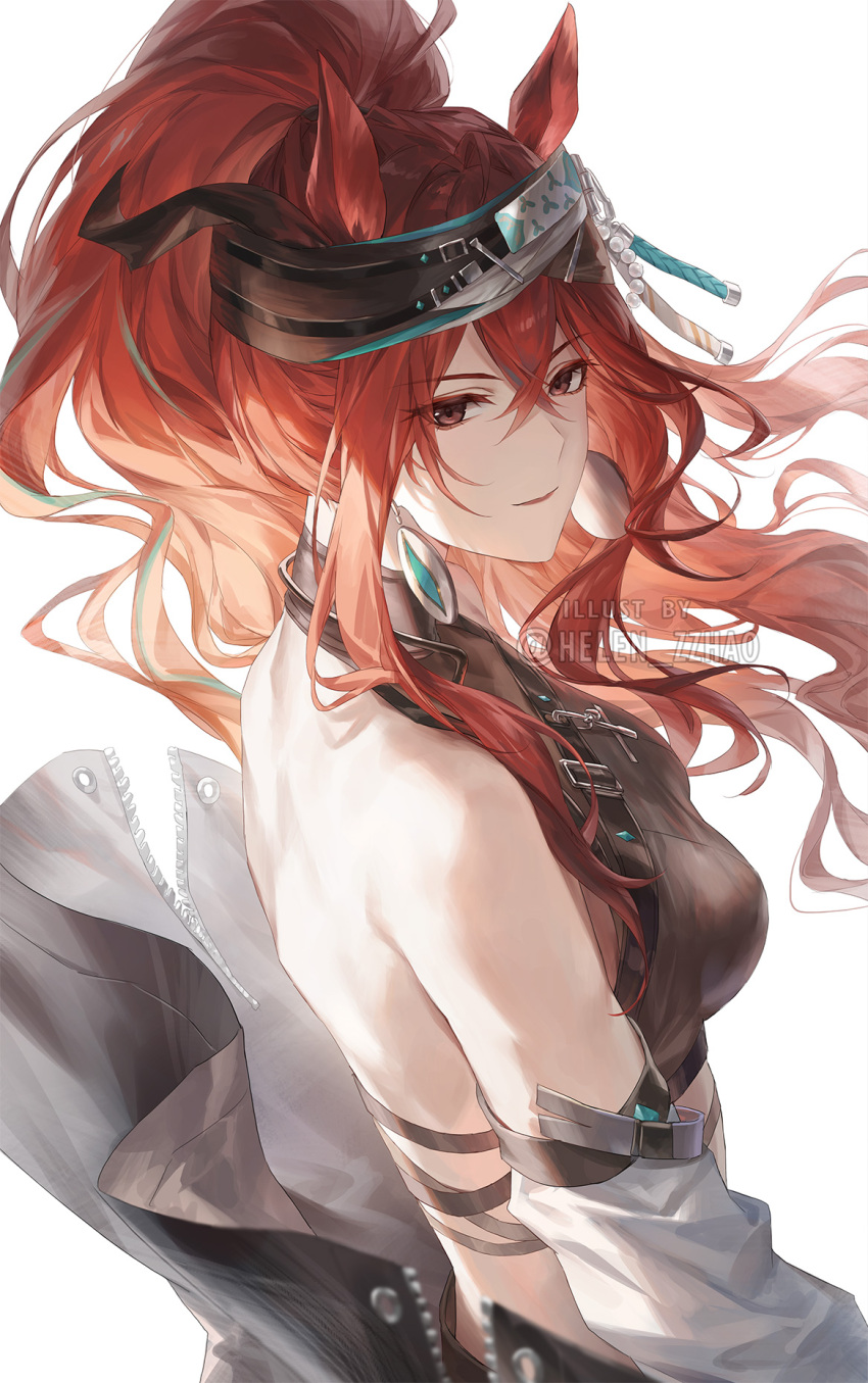 animal_ears arknights bandana bare_back bare_shoulders black_shirt breasts closed_mouth cowboy_shot crop_top crossed_bangs earrings female from_side hair_between_eyes helen_zzhao highres jacket jewelry long_hair looking_at_viewer narantuya_(arknights) off_shoulder ponytail red_eyes red_hair shirt smile solo watermark