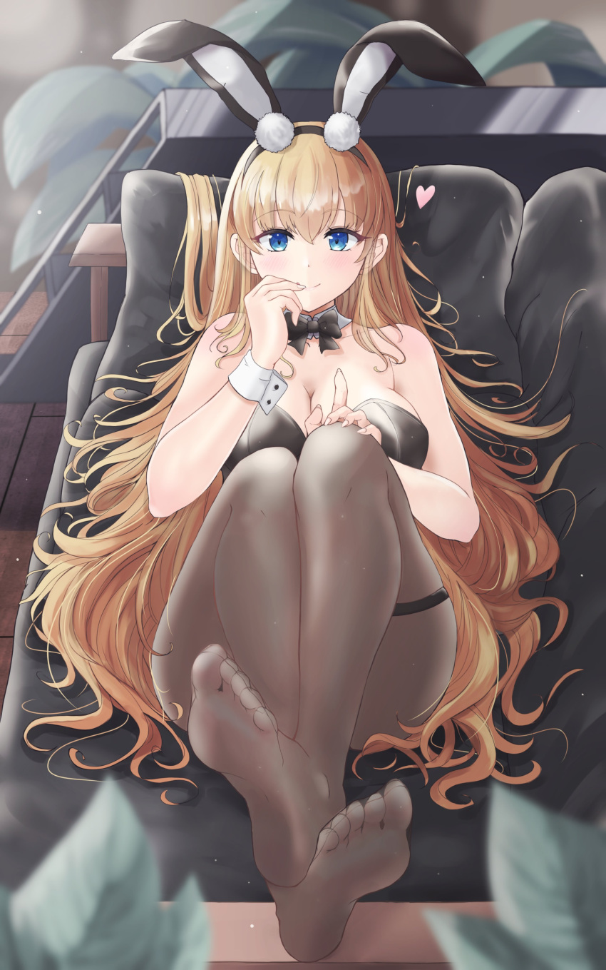 absurdres animal_ears azur_lane bare_shoulders black_bow black_bowtie black_leotard blonde_hair blue_eyes bow bowtie breasts brown_pantyhose cleavage couch cuff_links detached_collar fake_animal_ears feet female full_body highres ishi_(user_vcwg3733) large_breasts leotard long_hair looking_at_viewer lying north_carolina_(azur_lane) north_carolina_(the_heart's_desire)_(azur_lane) official_alternate_costume on_back on_couch pantyhose playboy_bunny rabbit_ears solo strapless strapless_leotard thigh_strap very_long_hair wrist_cuffs