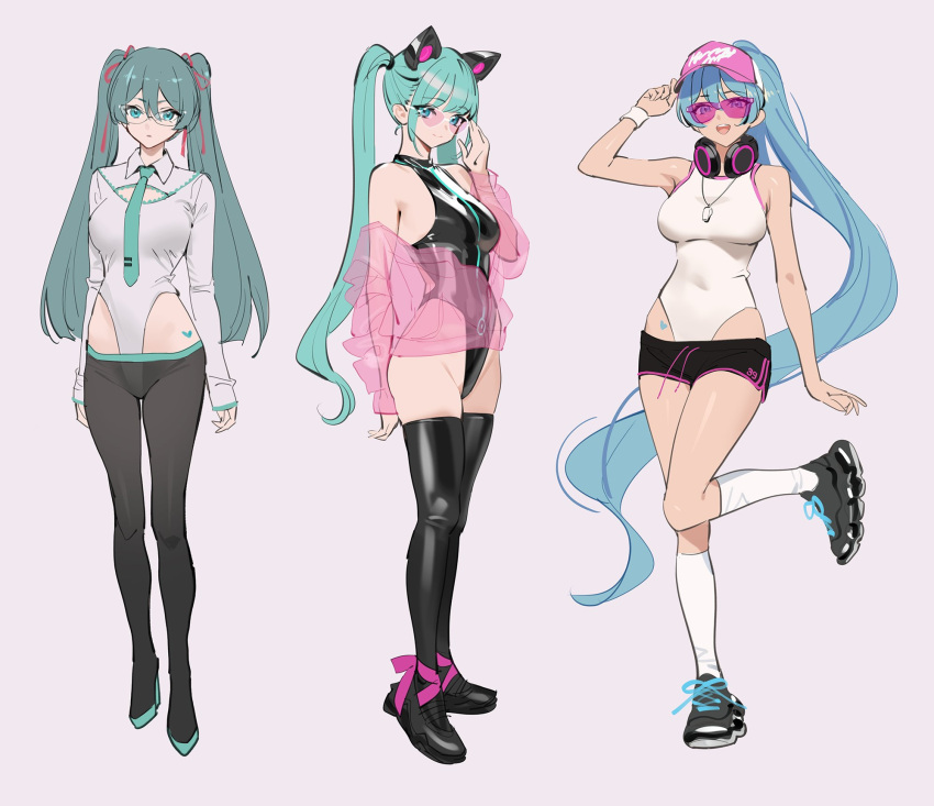 adjusting_eyewear aqua_eyes aqua_hair aqua_necktie baseball_cap black_leotard black_pants black_shorts black_thighhighs breasts closed_mouth commentary covered_navel dolphin_shorts full_body glasses grey_background hair_between_eyes hat hatsune_miku headphones highres jacket jewelry kneehighs leotard long_hair long_sleeves looking_at_viewer medium_breasts multiple_views necklace necktie off_shoulder pants parted_lips pink-tinted_eyewear pink_hat see-through see-through_jacket shorts sidelocks simple_background skindentation socks symbol-only_commentary thighhighs tinted_eyewear twintails very_long_hair vocaloid white-framed_eyewear white_socks yd_(orange_maru)