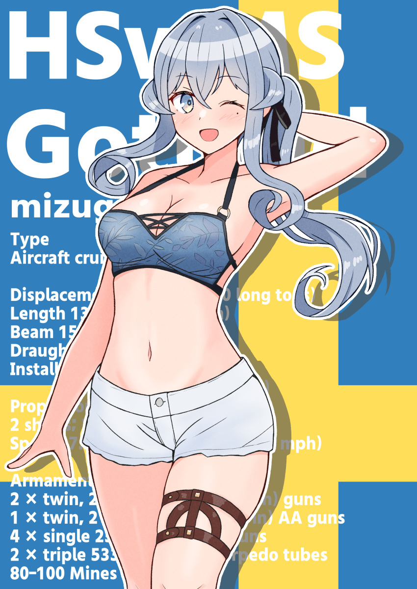 absurdres arm_behind_head arm_up bikini blue_bikini blue_eyes blue_hair breasts character_name english_text female fuminomino gotland_(kancolle) gotland_(swimsuit_mode)_(kancolle) hair_between_eyes highres kantai_collection long_hair looking_at_viewer medium_breasts mole mole_under_eye navel one_eye_closed open_mouth ponytail shorts smile solo swedish_flag swimsuit white_shorts