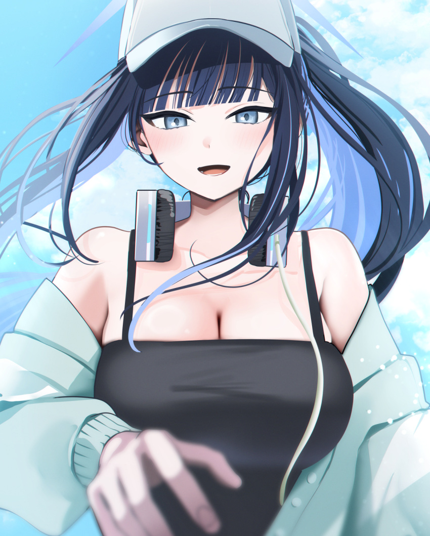 black_hair blue_archive blue_eyes blue_hair breasts cleavage female hat headphones headphones_around_neck highres large_breasts long_hair looking_at_viewer official_alternate_costume saori_(blue_archive) saori_(swimsuit)_(blue_archive) smile solo upper_body white_hat yunamaro