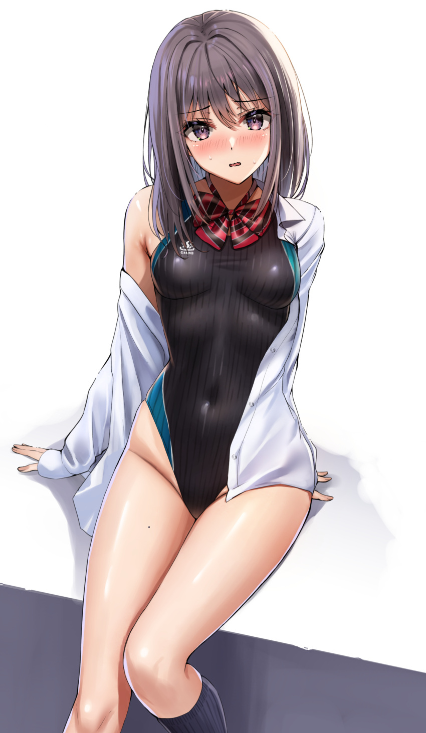 blush bow bowtie breasts competition_swimsuit covered_navel female grey_hair groin highres long_hair long_sleeves looking_at_viewer loose_clothes loose_shirt medium_breasts one-piece_swimsuit open_mouth original purple_eyes shirt sitting socks sweat swimsuit swimsuit_under_clothes yukemuriganmo