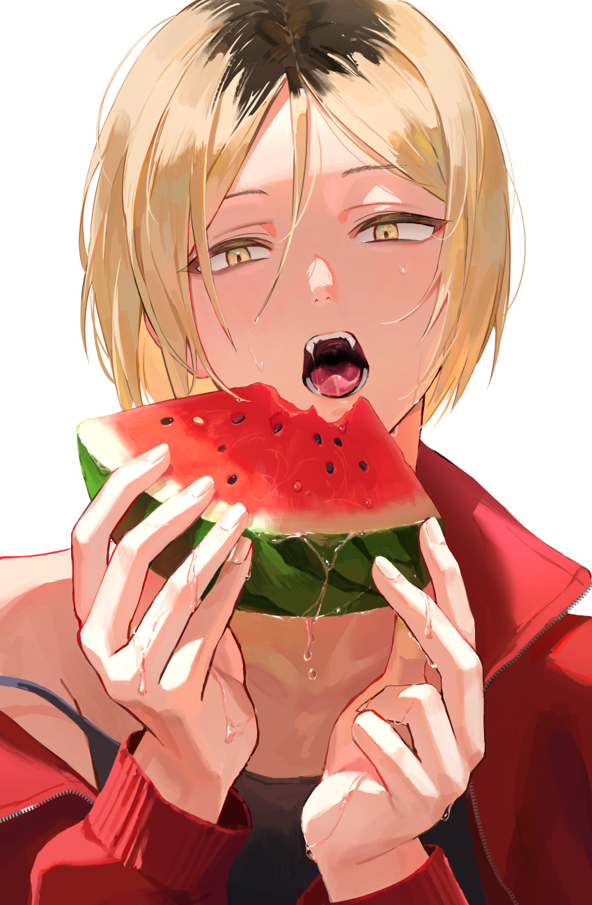 1boy absurdres aimitkkays blonde_hair commentary_request food fruit haikyuu!! highres holding_watermelon jacket kozume_kenma looking_at_viewer male_focus multicolored_hair open_mouth red_jacket short_hair single_bare_shoulder solo streaked_hair teeth tongue upper_body watermelon yellow_eyes