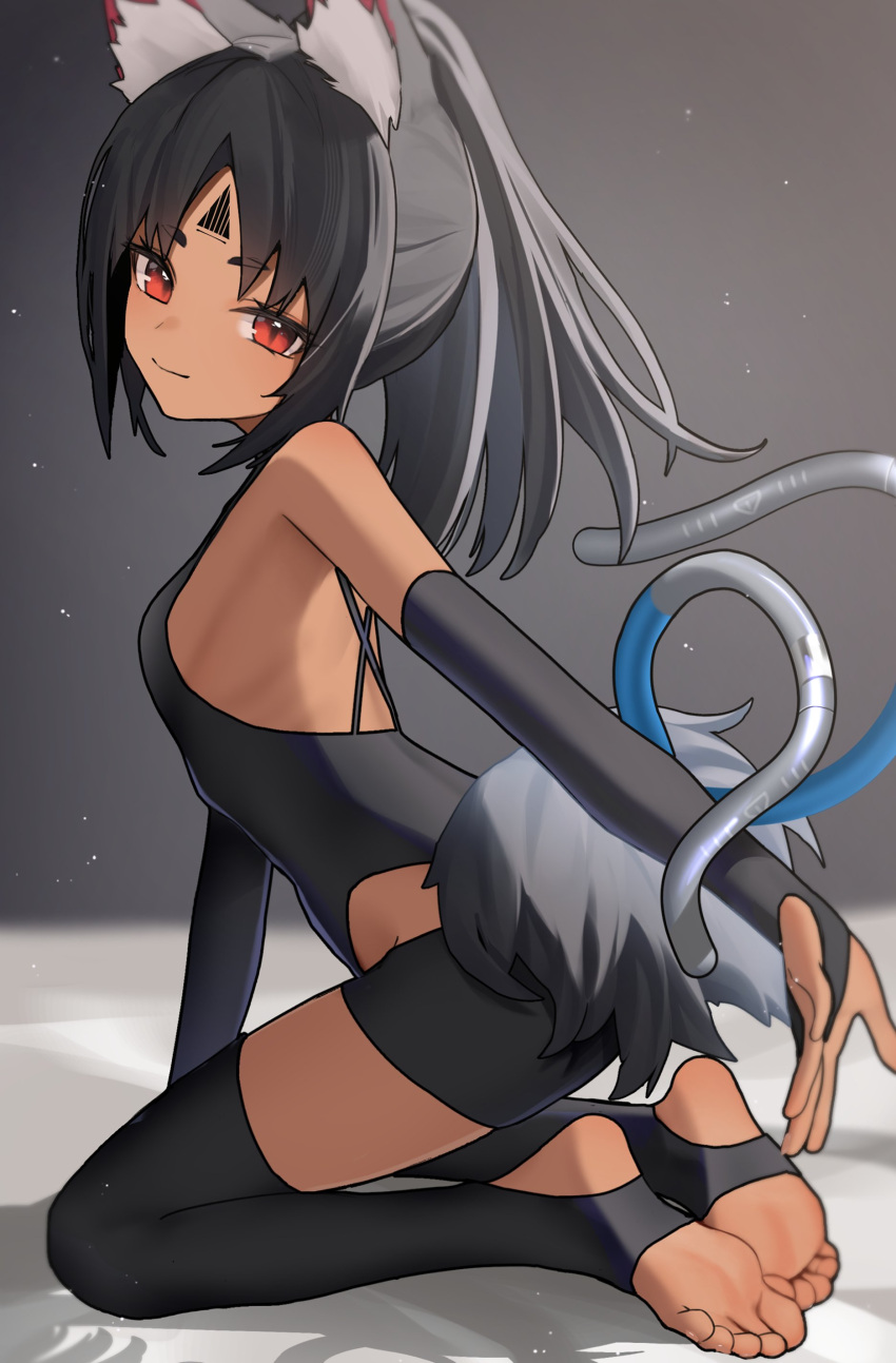 absurdres animal_ear_fluff animal_ears black_hair breasts cat_ears cat_girl closed_mouth dark-skinned_female dark_skin facial_mark feet female forehead_mark from_side full_body highres indoors long_hair looking_at_viewer multiple_tails nekomiya_mana parted_lips ponytail red_eyes shadow sidelocks small_breasts smile soles solo tail thomas_8000 toes two_tails zenless_zone_zero