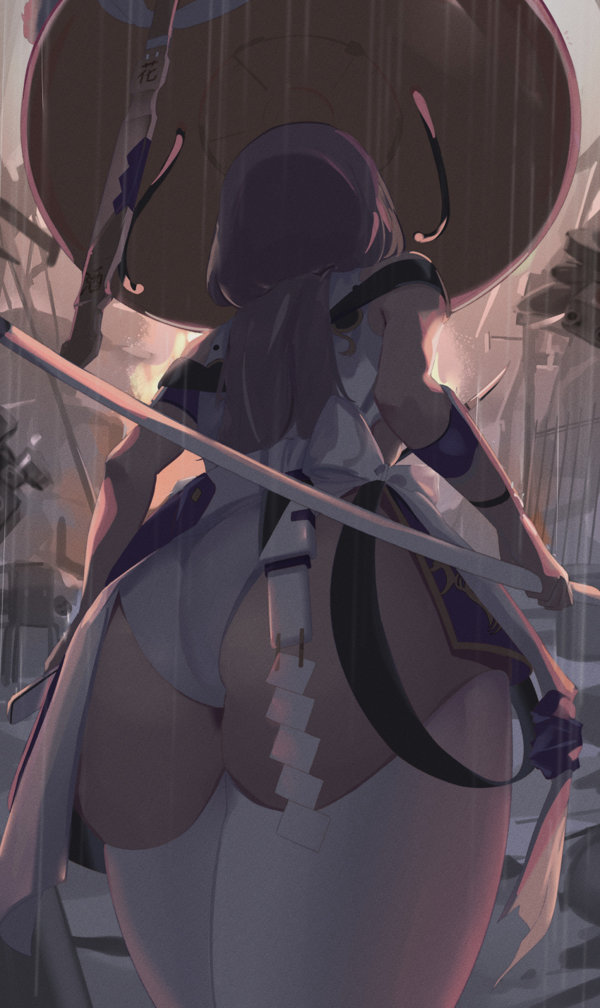 absurdres ass female goddess_of_victory:_nikke grey_hair hat highres holding holding_sword holding_weapon japanese_clothes jingasa katana looking_ahead outdoors panties rain scarlet_(nikke) solo sword thighhighs underwear vii_(joshuayuen) weapon white_panties white_thighhighs