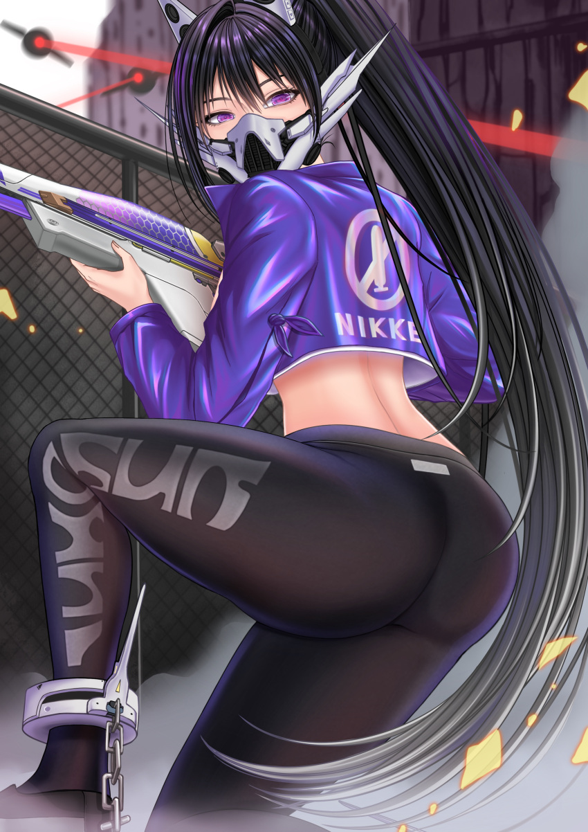 absurdres ass black_hair black_pants blue_jacket chains cuffs female goddess_of_victory:_nikke gun highres holding holding_gun holding_weapon jacket looking_at_viewer looking_back mask maxma29 mouth_mask pants purple_eyes restrained shackles sin_(nikke) weapon yoga_pants