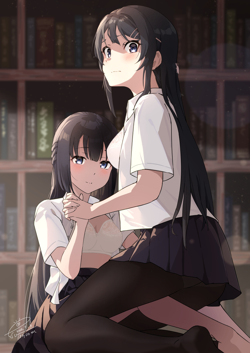 2girls absurdres black_hair black_pantyhose black_skirt blue_eyes blurry blurry_background blush bookshelf bra breasts hair_ornament hairclip highres holding_hands indoors long_hair looking_at_viewer makinohara_shouko medium_breasts multiple_girls open_clothes open_shirt pantyhose raiz_art_works sakurajima_mai seishun_buta_yarou skirt smile underwear white_bra yuri