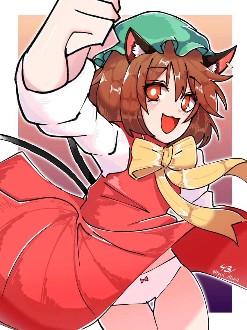 :3 :d animal_ear_fluff animal_ears arm_up border bow bowtie bright_pupils brown_eyes brown_hair cat_ears cat_tail chen commentary_request cowboy_shot double-parted_bangs dress female frills gradient_background hair_between_eyes hat highres long_sleeves looking_at_viewer mob_cap multiple_tails nekomata open_mouth outer_glow outline outside_border panties pantyshot perspective red_dress short_hair simple_background smile solo tail thigh_gap touhou two_tails underwear white_border white_outline white_panties white_pupils wind wind_lift yei_illust yellow_bow yellow_bowtie