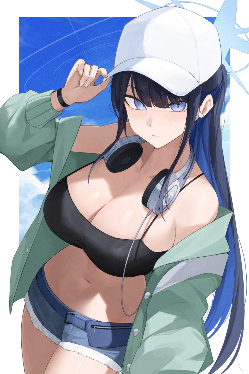 absurdres aqua_jacket baseball_cap black_camisole black_hair blue_archive blue_hair blue_halo blush breasts camisole cleavage colored_inner_hair denim denim_shorts female halo hat headphones highres jacket large_breasts long_hair looking_at_viewer midriff multicolored_hair navel off_shoulder official_alternate_costume ponytail saori_(blue_archive) saori_(swimsuit)_(blue_archive) shorts solo spaghetti_strap stomach weimiaw